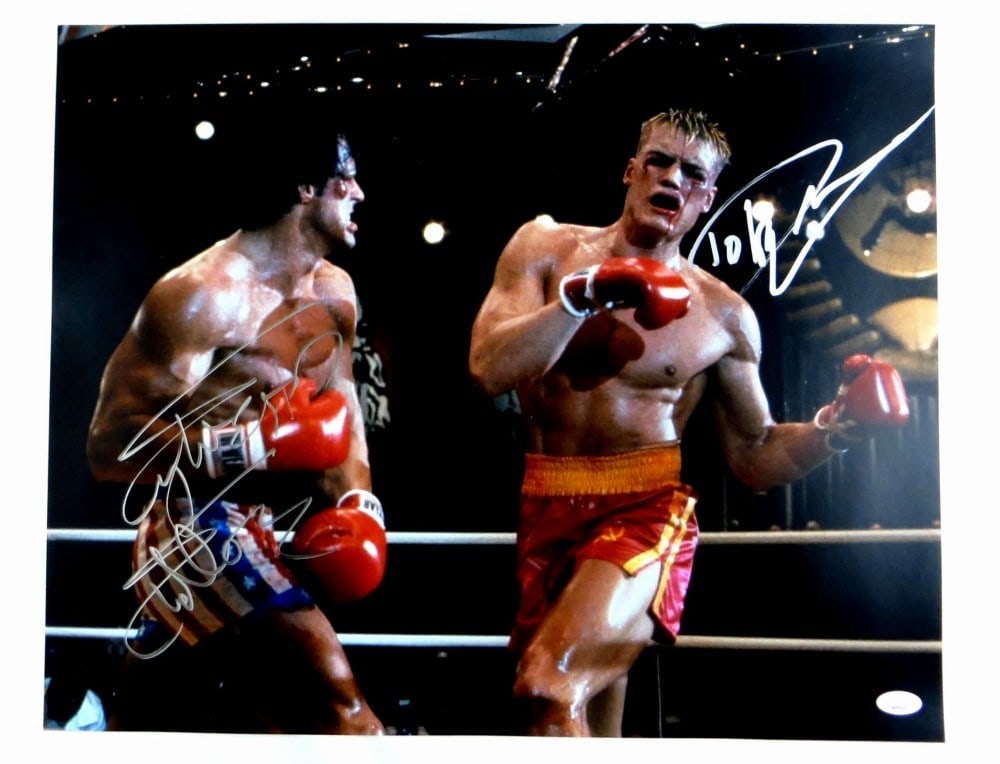 Sylvester Stallone Dolph Lundgren Signed 16x20 Photo Rocky IV JSA Authenticated: Sylvester Stallone Dolph Lundgren Signed 16x20 Photo Rocky IV JSA Authenticated This is an original autographed photograph featuring Sylvester Stallone and Dolph Lundgren from the iconic film Rocky IV