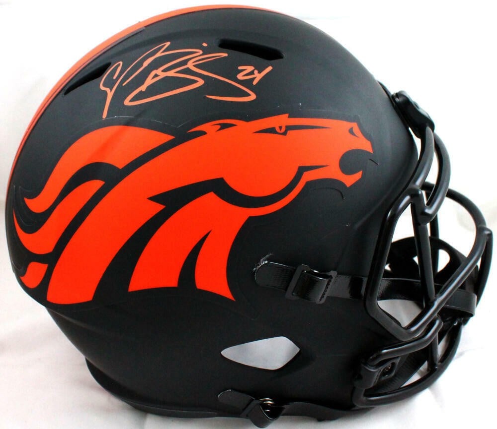 Denver Broncos Eclipse Speed Helmet Signed by Champ Bailey Beckett Authenticated: Denver Broncos Eclipse Speed Helmet Signed by Champ Bailey Beckett Authenticated This full-size Denver Broncos Eclipse Speed helmet is hand-signed by Champ Bailey and comes authenticated by Beckett. T