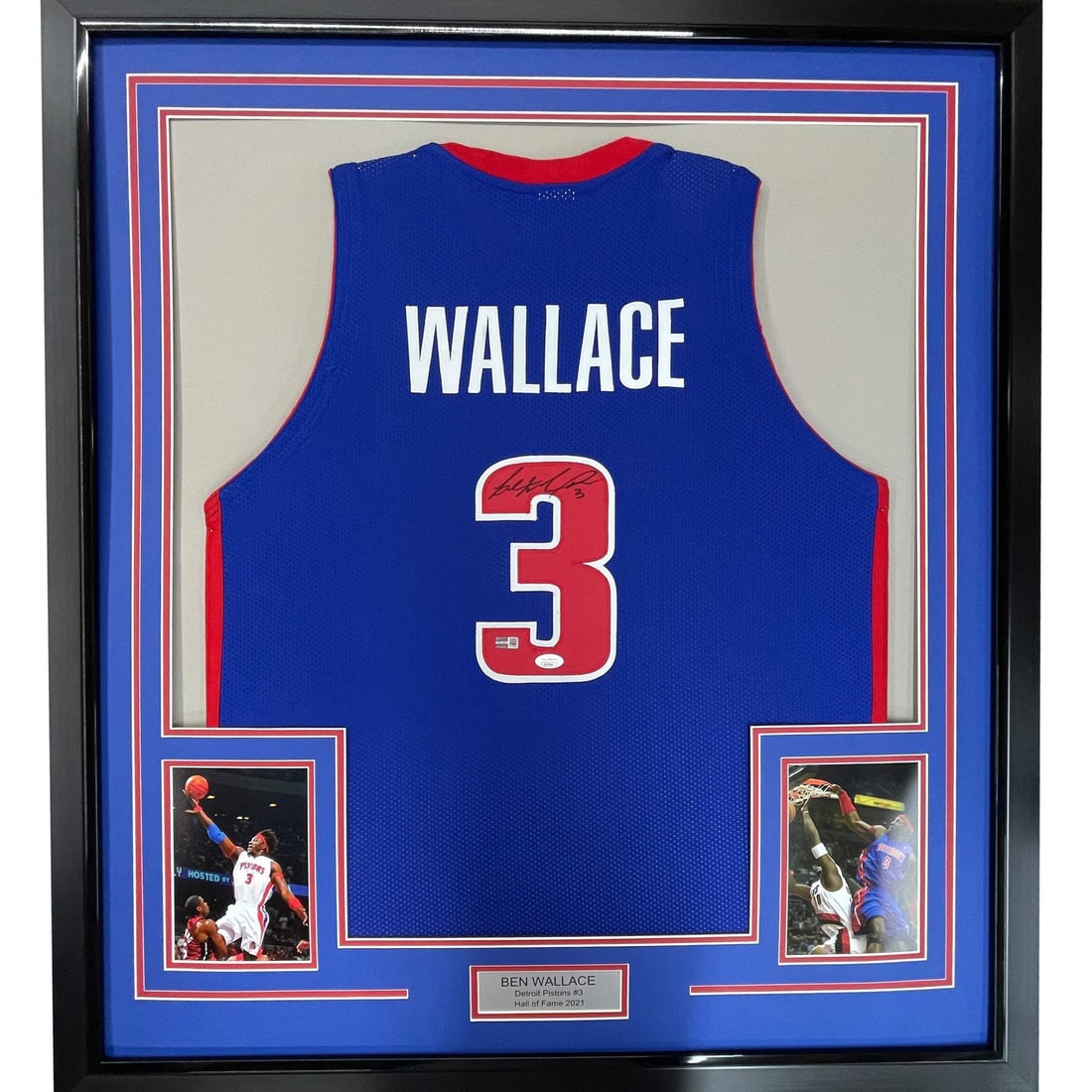 Framed Ben Wallace Autographed Detroit Pistons Jersey JSA COA 33x42: Framed Ben Wallace Autographed Detroit Pistons Jersey JSA COA 33x42 This professionally framed and matted item features an autographed Ben Wallace jersey from the Detroit Pistons, measuring 33"x42". I