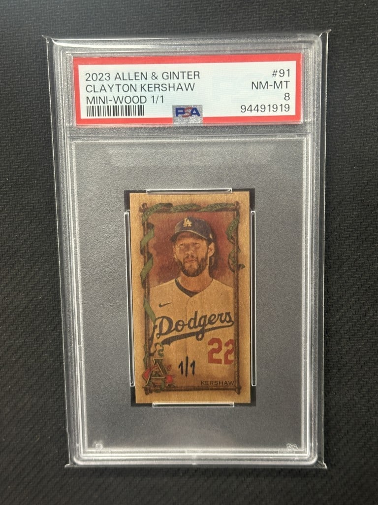 Clayton Kershaw 2023 Allen Ginter Mini Wood Card PSA 8 #91: Clayton Kershaw 2023 Allen Ginter Mini Wood Card PSA 8 #91 This is a 2023 Allen Ginter Mini Wood baseball card featuring Clayton Kershaw, a prominent player for the Los Angeles Dodgers. This unique ca