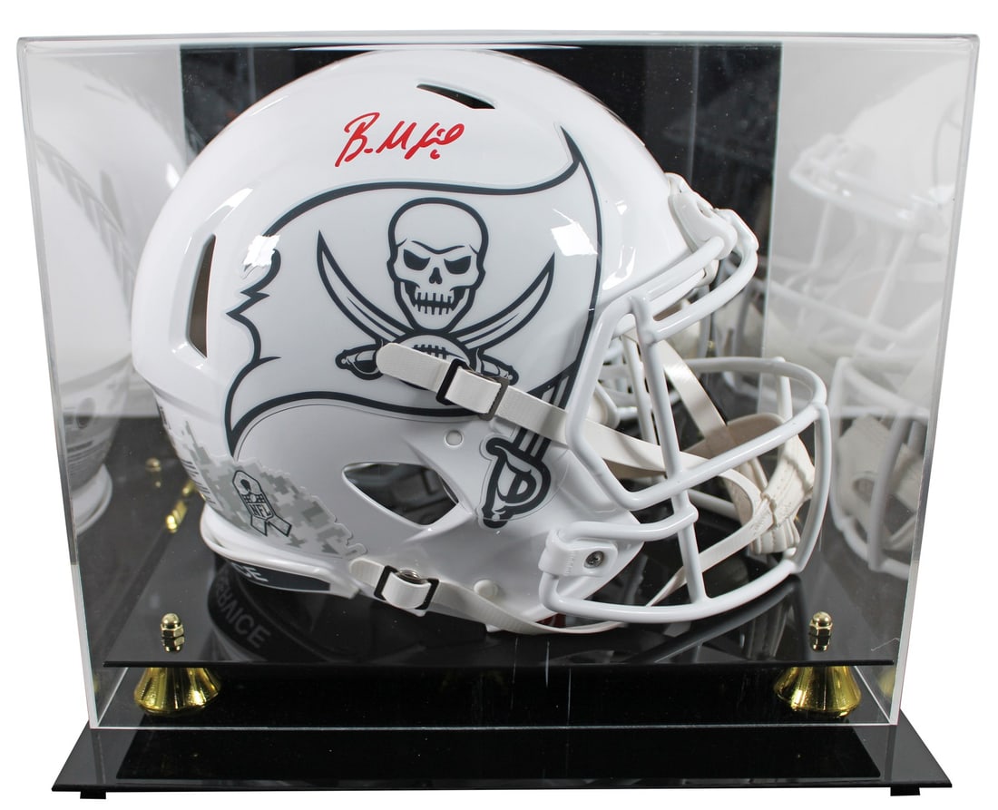 Baker Mayfield Signed Buccaneers Salute to Service Helmet with Display Case: Baker Mayfield Signed Buccaneers Salute to Service Helmet with Display Case This is an authentic autographed helmet featuring the signature of Baker Mayfield, the quarterback for the Tampa Bay Buccane