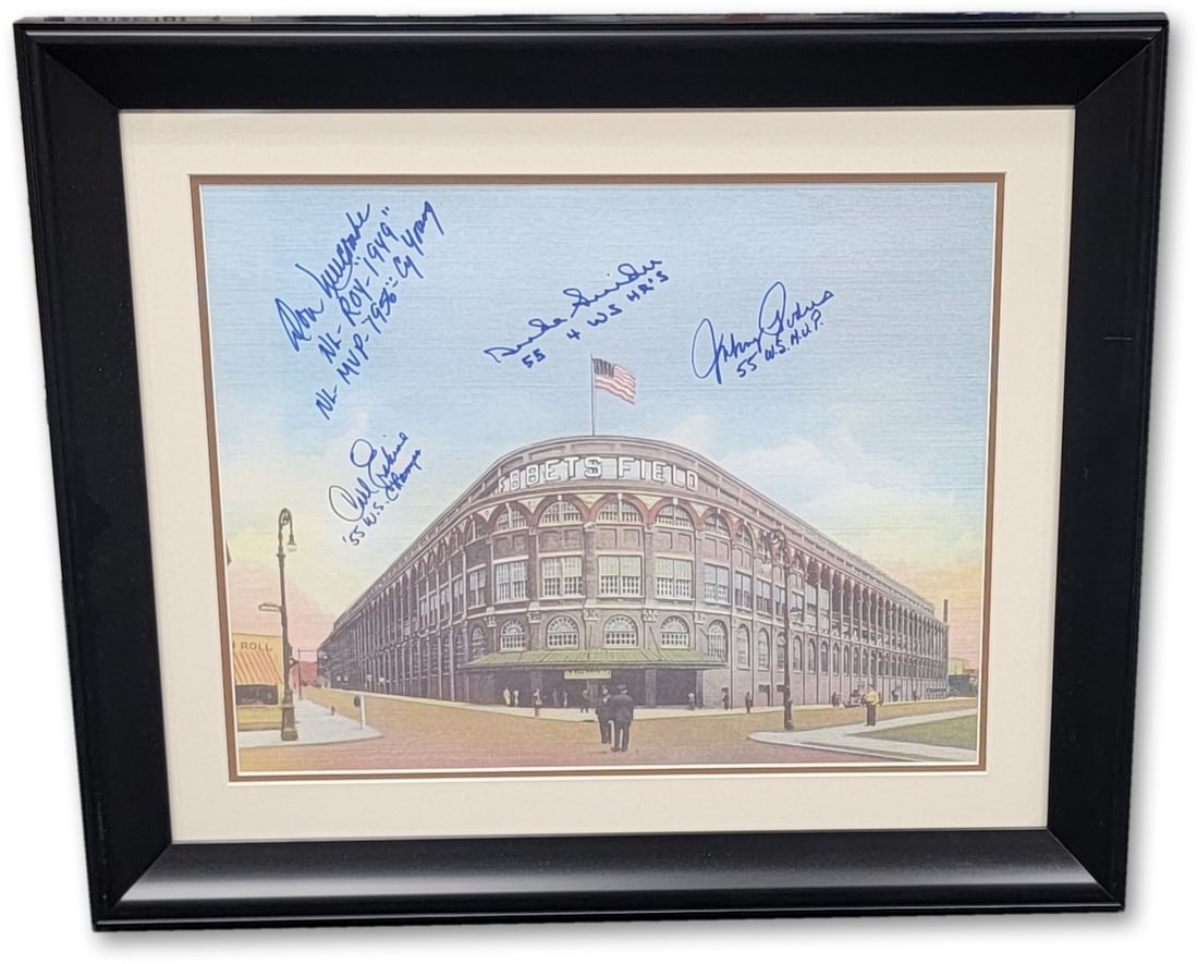 Duke Snider Don Newcombe Autographed Framed Dodgers Photo 22 x 26: Duke Snider Don Newcombe Autographed Framed Dodgers Photo 22 x 26 This framed photo features the autographs of Los Angeles Dodgers legends Duke Snider, Don Newcombe, Johnny Podres, and Carl Erskine. T