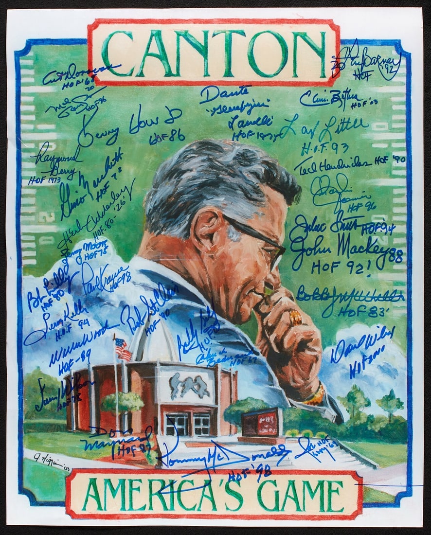 NFL Hall of Fame Multi-Signed Poster 16x20 with 28 Signatures Beckett COA: NFL Hall of Fame Multi-Signed Poster 16x20 with 28 Signatures Beckett COA This original 16x20 photo captures the NFL Hall of Fame, featuring the iconic "Canton America's Game" poster signed by 28 lege