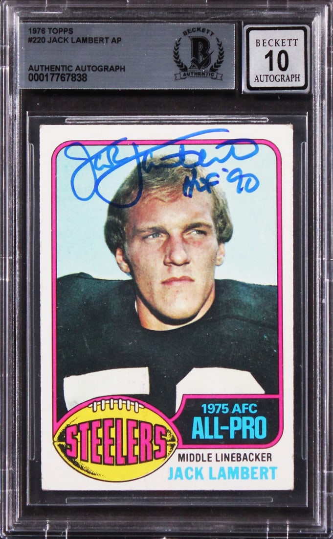 Jack Lambert Signed 1976 Topps #220 Card HOF 90 Gem Mint 10 Beckett Slabbed: Jack Lambert Signed 1976 Topps #220 Card HOF 90 Gem Mint 10 Beckett Slabbed This is a 1976 Topps #220 trading card featuring Jack Lambert, personally signed with the inscription "HOF 90". Graded Gem M