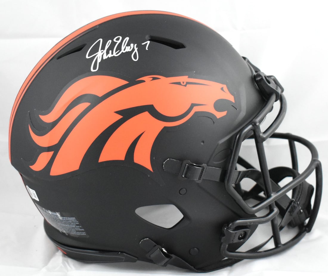 Denver Broncos Full Size Eclipse Helmet Signed by John Elway Beckett Authenticated: Denver Broncos Full Size Eclipse Helmet Signed by John Elway Beckett Authenticated This is an authentic full-size Eclipse Speed helmet featuring the Denver Broncos, signed by John Elway. The helmet is