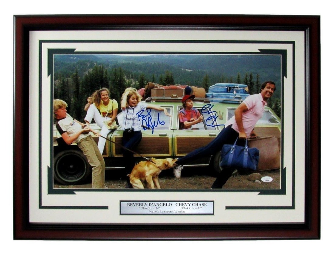 Framed 12x20 Vacation Photo Signed by Chevy Chase and Beverly D'Angelo JSA Authenticated: Framed 12x20 Vacation Photo Signed by Chevy Chase and Beverly D'Angelo JSA Authenticated This framed 12x20 photo from the movie "Vacation" features authentic autographs from Beverly D'Angelo and Chevy