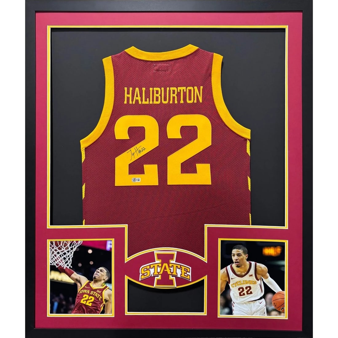 Tyrese Haliburton Signed Framed Iowa State Jersey Beckett Authenticated: Tyrese Haliburton Signed Framed Iowa State Jersey Beckett Authenticated This is an autographed Tyrese Haliburton framed jersey from his time at Iowa State. The jersey is authenticated by Beckett, a le