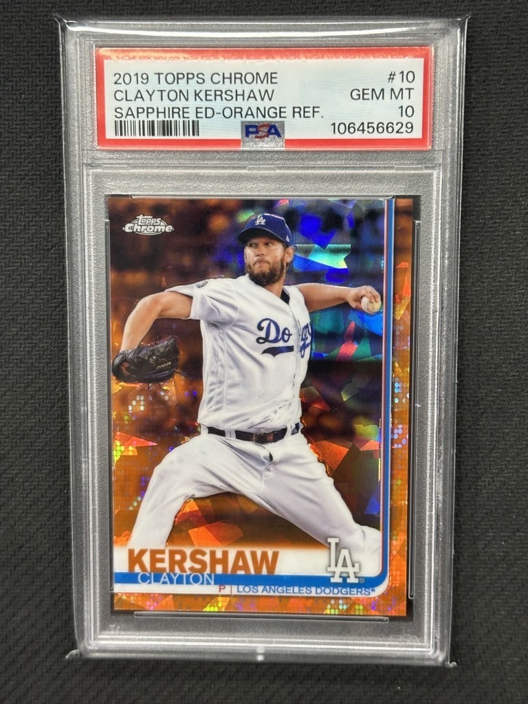 Clayton Kershaw 2019 Topps Chrome Sapphire Orange PSA 10 #10: Clayton Kershaw 2019 Topps Chrome Sapphire Orange PSA 10 #10 This is a highly sought-after baseball card featuring Clayton Kershaw, produced by Topps Chrome in 2019. It is a Sapphire Orange variant, g