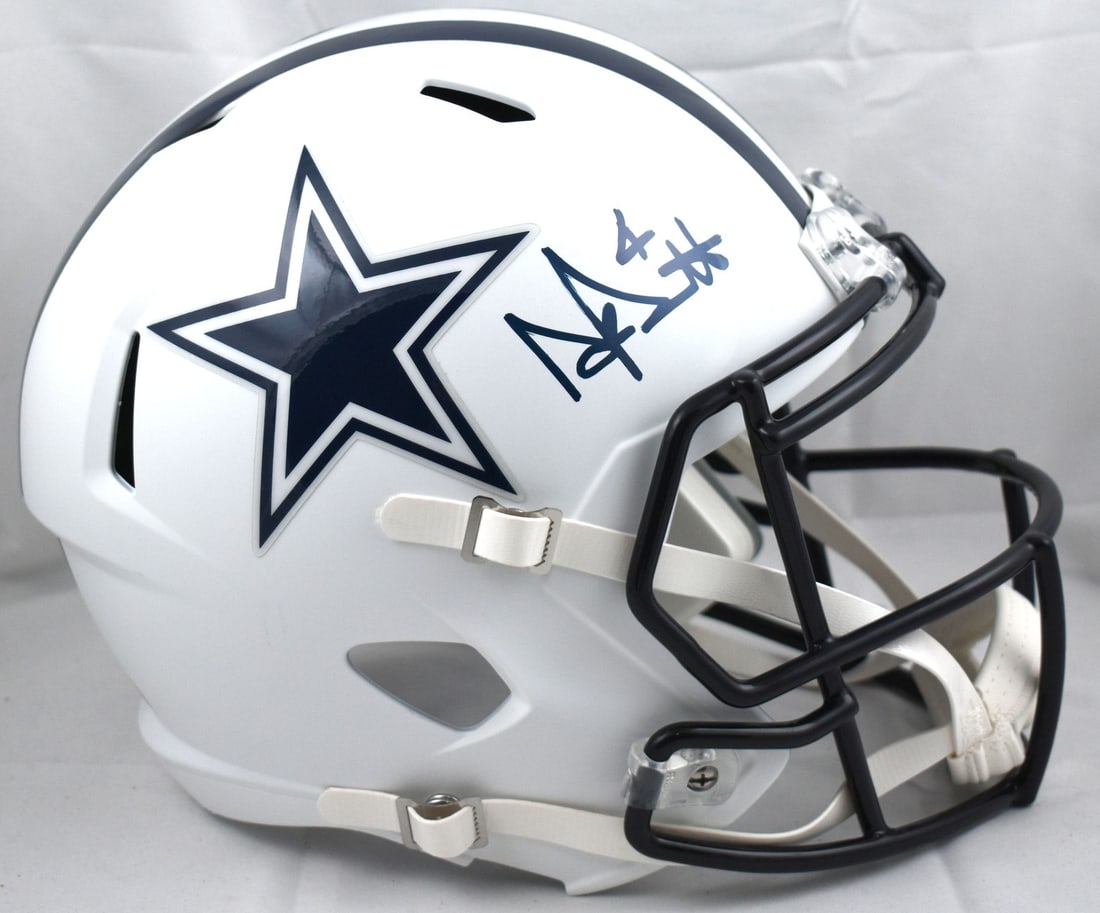 Dallas Cowboys Full Size White Speed Helmet Autographed by Dak Prescott Beckett Holo: Dallas Cowboys Full Size White Speed Helmet Autographed by Dak Prescott Beckett Holo This is a pre-owned Dallas Cowboys full-size flat white Speed helmet signed by Dak Prescott. The helmet is an origi