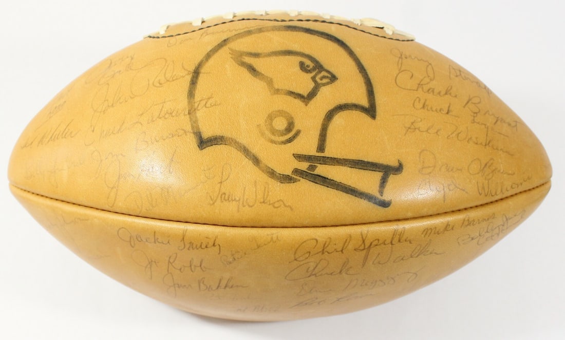 1967 St. Louis Cardinals Team Signed Football 33 Autographs JSA COA: 1967 St. Louis Cardinals Team Signed Football 33 Autographs JSA COA This remarkable football features the signatures of 33 members from the 1967 St. Louis Cardinals, including Hall of Famers Larry Wil