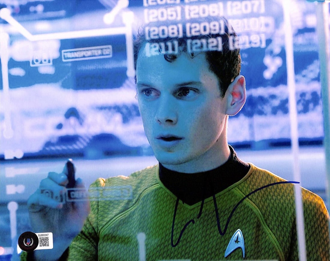 Anton Yelchin Chekov Signed 8x10 Star Trek Photo Beckett Certified: Anton Yelchin Chekov Signed 8x10 Star Trek Photo Beckett Certified This captivating 8 1/2 x 11 photograph features the late Anton Yelchin, best known for his role as Chekov in the Star Trek movie seri