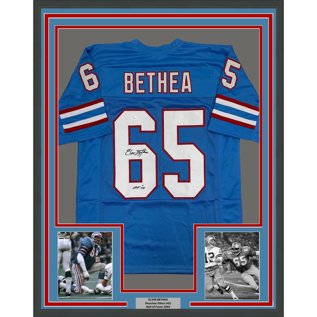 Elvin Bethea Signed Tennessee Jersey Framed 35x39 With JSA Authentication: Elvin Bethea Signed Tennessee Jersey Framed 35x39 With JSA Authentication This professionally framed and matted display features an autographed Elvin Bethea Tennessee Blue jersey. The jersey is signed