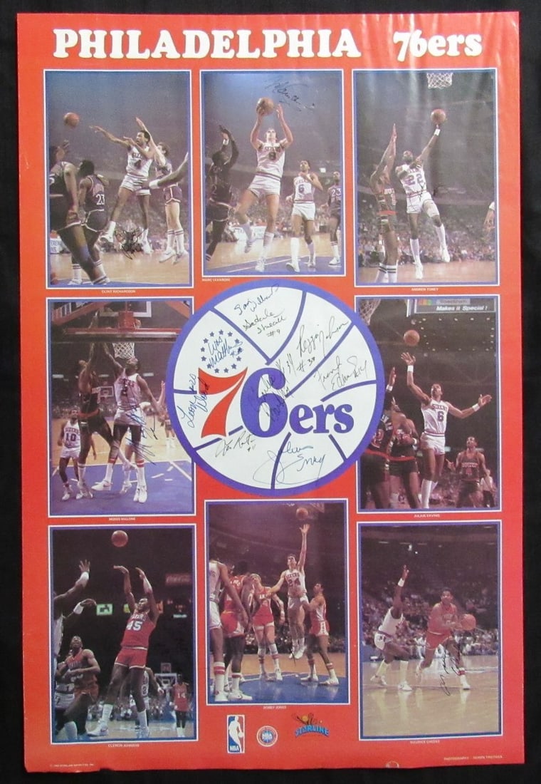 1980s Philadelphia 76ers Autographed Poster 16 Signatures Barkley Erving 23x34: 1980s Philadelphia 76ers Autographed Poster 16 Signatures Barkley Erving 23x34 Commemorate the legendary Philadelphia 76ers with this original multi-signed poster from the early 1980s. Measuring 23x34