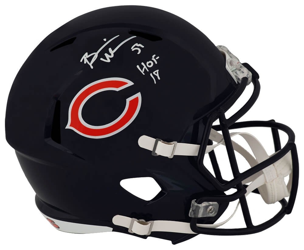 Chicago Bears Full Size Replica Helmet Signed by Brian Urlacher with HOF Inscription: Chicago Bears Full Size Replica Helmet Signed by Brian Urlacher with HOF Inscription This is a Chicago Bears Riddell full-size speed replica helmet signed by Brian Urlacher. The helmet features Urlach