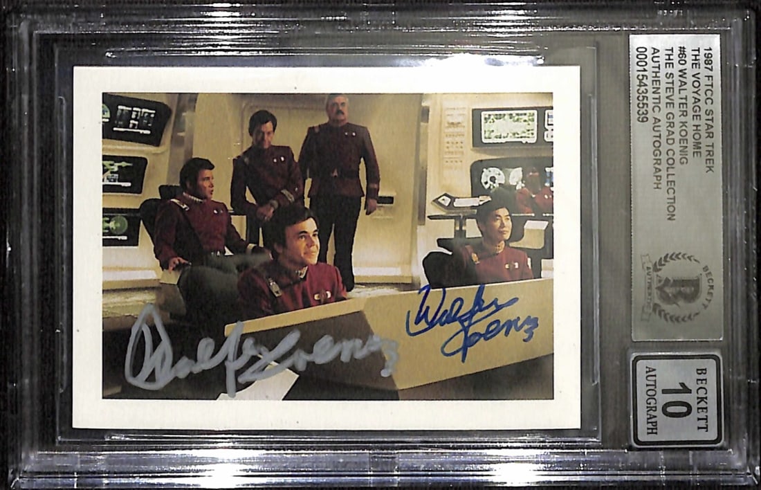1984 Star Trek III Trading Card #53 Dual Signed by Koenig and Takei Beckett 10: 1984 Star Trek III Trading Card #53 Dual Signed by Koenig and Takei Beckett 10 This is an original 1984 FTCC Star Trek III The Search for Spock #53 non-sport trading card, autographed by Walter Koenig