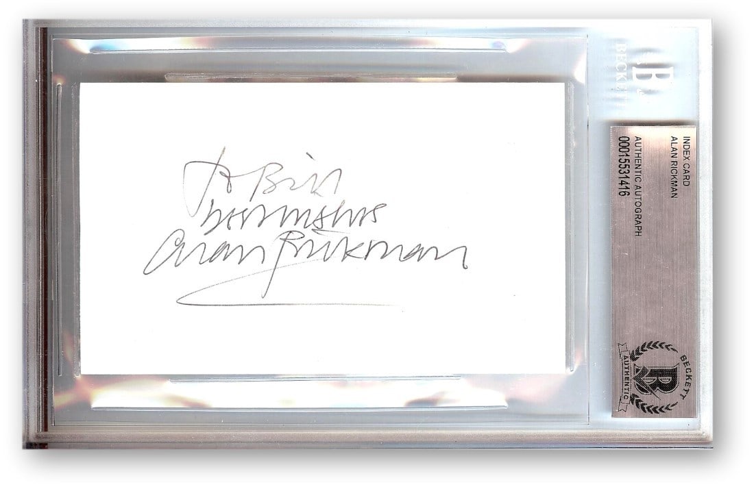 Alan Rickman Autographed Index Card Signed Hans Gruber BAS Certified: Alan Rickman Autographed Index Card Signed Hans Gruber BAS Certified This is an authentic autographed index card signed by Alan Rickman, known for his iconic role as Hans Gruber in the film "Die Hard.