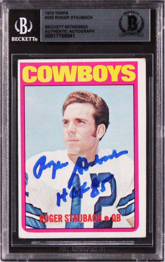 Roger Staubach Signed 1972 Topps #200 RC HOF 85 Beckett Authenticated: Roger Staubach Signed 1972 Topps #200 RC HOF 85 Beckett Authenticated This autographed 1972 Topps #200 rookie card features Hall of Famer Roger Staubach, inscribed with "HOF 85." The card is authentic