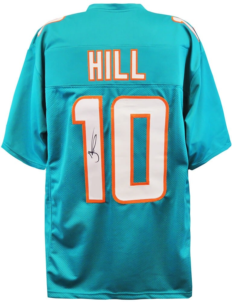 Tyreek Hill Signed Miami Dolphins Teal Custom Jersey with COA: Tyreek Hill Signed Miami Dolphins Teal Custom Jersey with COA Elevate your collection with this signed teal custom football jersey from Tyreek Hill, a standout player for the Miami Dolphins. This orig