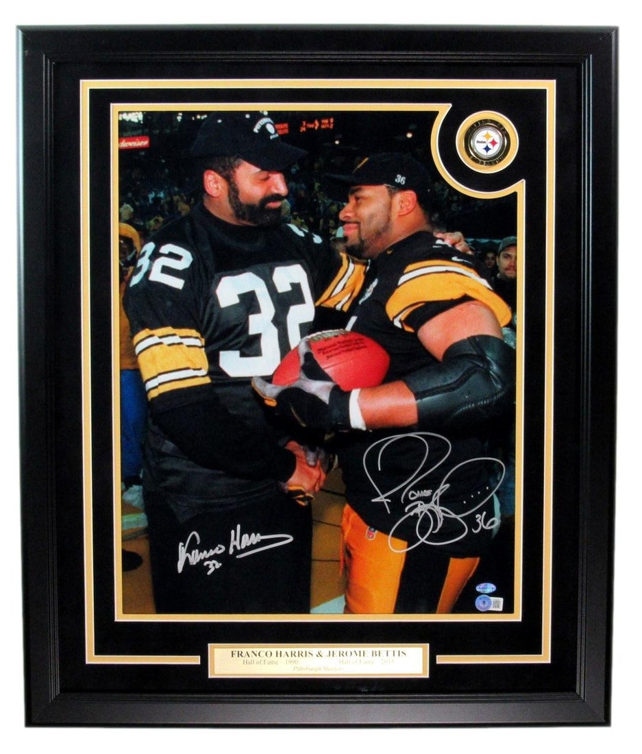 Framed Steelers 16x20 Photo Signed by Franco Harris and Jerome Bettis Beckett Authenticated: Framed Steelers 16x20 Photo Signed by Franco Harris and Jerome Bettis Beckett Authenticated This framed 16x20 photo features original signatures from football legends Franco Harris and Jerome Bettis, 