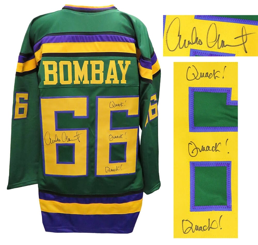 Green Mighty Ducks Throwback Jersey Autographed by Emilio Estevez with Inscription: Green Mighty Ducks Throwback Jersey Autographed by Emilio Estevez with Inscription This is an original green throwback custom hockey jersey signed by Emilio Estevez. The jersey features the inscriptio