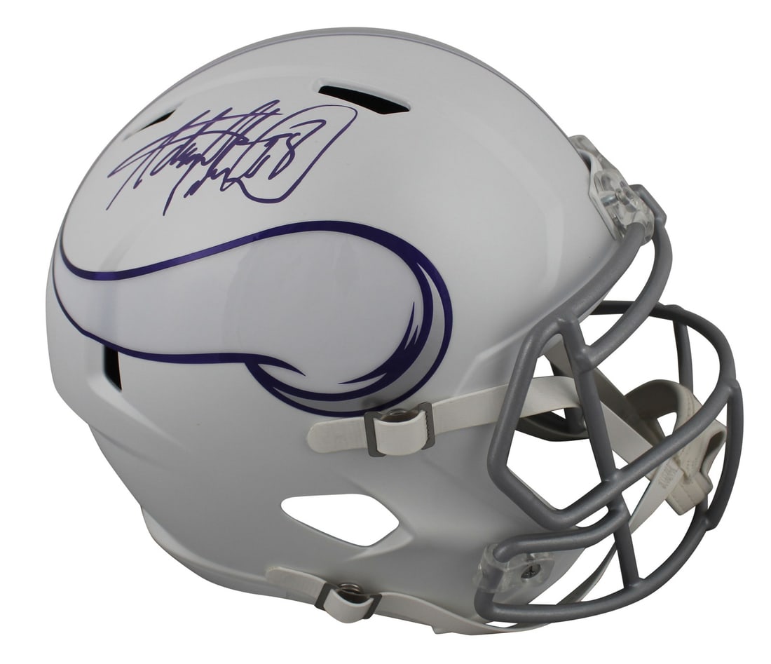 Adrian Peterson Signed 2024 Vikings Full Size Helmet BAS Witnessed: Adrian Peterson Signed 2024 Vikings Full Size Helmet BAS Witnessed This is a Minnesota Vikings Adrian Peterson Signed 2024 On-Field Alternate Riddell Full Size Speed Replica Helmet. Personally signed 