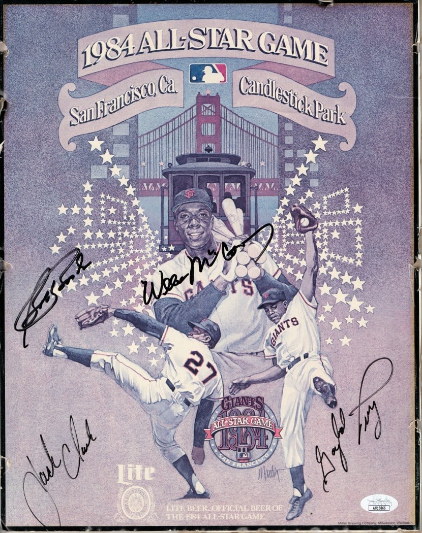 San Francisco Giants 1984 All-Star Game Signed Poster McCovey Bonds Clark Perry JSA: San Francisco Giants 1984 All-Star Game Signed Poster McCovey Bonds Clark Perry JSA This is an original 1984 All-Star Game autographed poster featuring four legendary San Francisco Giants players: Bob