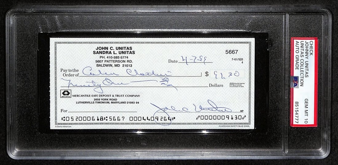 Johnny Unitas Autographed 1999 Bank Check Colts PSA/DNA GEM MT 10: Johnny Unitas Autographed 1999 Bank Check Colts PSA/DNA GEM MT 10 This is an original Johnny Unitas Hall of Fame signed 1999 bank check from the Baltimore Colts. The check has been authenticated by PS