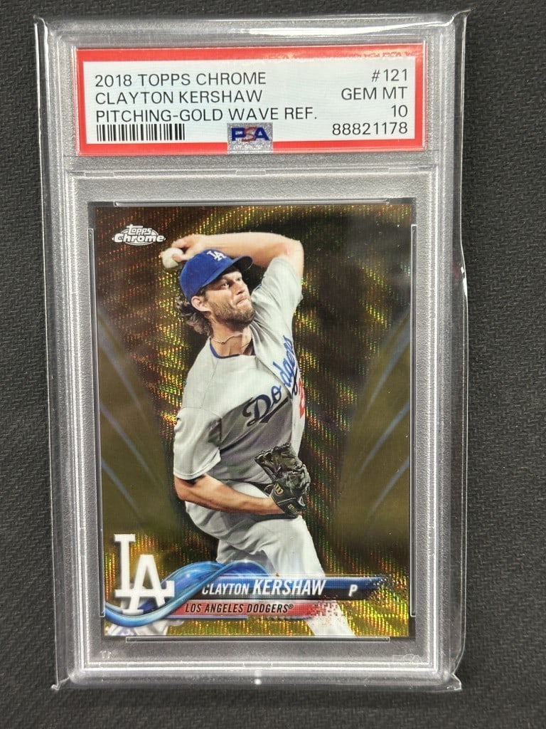Clayton Kershaw 2018 Topps Chrome Gold Wave Refractor PSA 10 #121 Dodgers: Clayton Kershaw 2018 Topps Chrome Gold Wave Refractor PSA 10 #121 Dodgers Add a touch of elegance to your collection with this Clayton Kershaw 2018 Topps Chrome Gold Wave Refractor Baseball Card. This