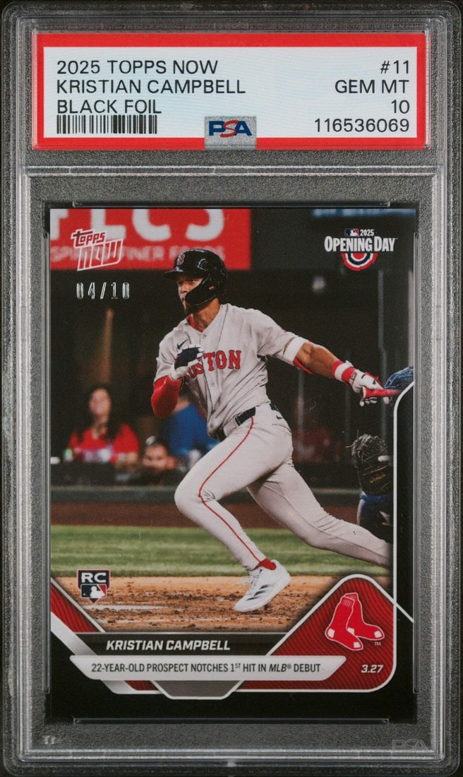 2025 Topps Now Kristian Campbell #11 Black /10 RC PSA 10 Baseball Card: 2025 Topps Now Kristian Campbell #11 Black /10 RC PSA 10 Baseball Card This is a graded 2025 Topps Now Kristian Campbell #11 Black /10 Rookie Card featuring the Boston Red Sox player. The card is enca