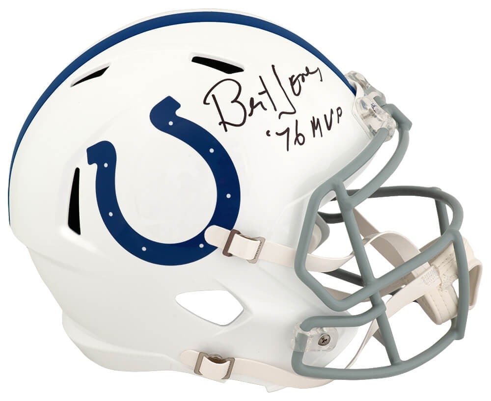 Bert Jones Signed Colts Riddell Full Size Helmet with 76 MVP Inscription: Bert Jones Signed Colts Riddell Full Size Helmet with 76 MVP Inscription This is a Bert Jones signed Indianapolis Colts Riddell full-size speed replica helmet, featuring the inscription '76 MVP'. It i