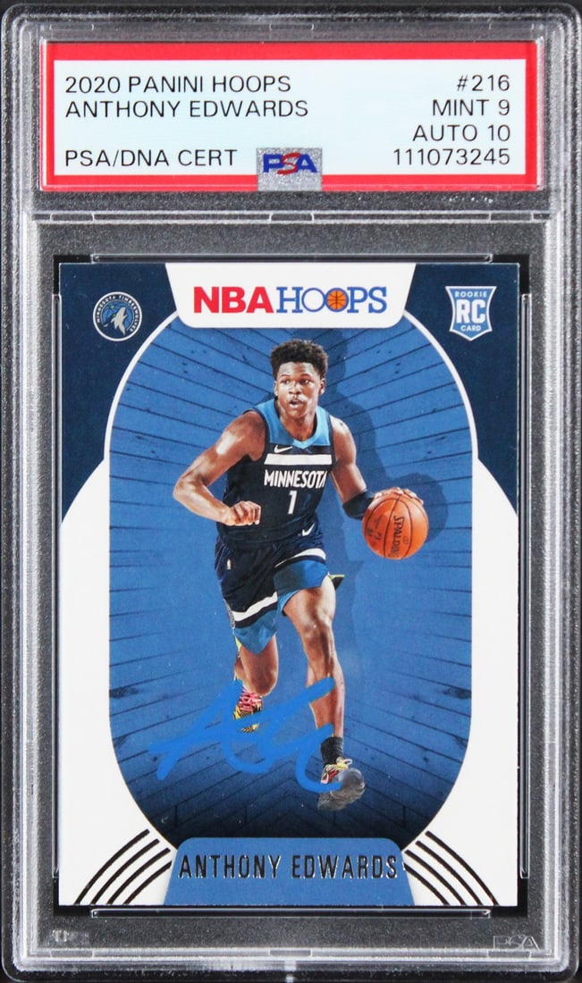 Anthony Edwards 2020 Panini Hoops RC Signed Card PSA/DNA Auto 10: Anthony Edwards 2020 Panini Hoops RC Signed Card PSA/DNA Auto 10 This is a 2020 Panini Hoops #216 rookie card of Anthony Edwards, graded Mint 9 and featuring an autograph graded Gem Mint 10 by PSA/DNA