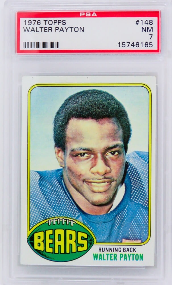 Walter Payton 1976 Topps #148 Rookie Card PSA 7 Chicago Bears: Walter Payton 1976 Topps #148 Rookie Card PSA 7 Chicago Bears This is a 1976 Topps #148 rookie card of Walter Payton from the Chicago Bears, encapsulated and graded as NM (Near Mint) 7 by PSA. The car