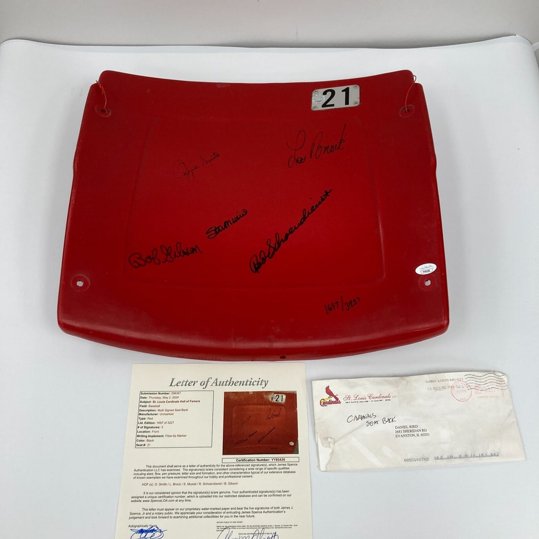 St. Louis Cardinals Signed Seatback by Musial Gibson Brock Smith JSA: St. Louis Cardinals Signed Seatback by Musial Gibson Brock Smith JSA This is a pre-owned St. Louis Cardinals seatback featuring the signatures of legendary players Stan Musial, Bob Gibson, Lou Brock, 