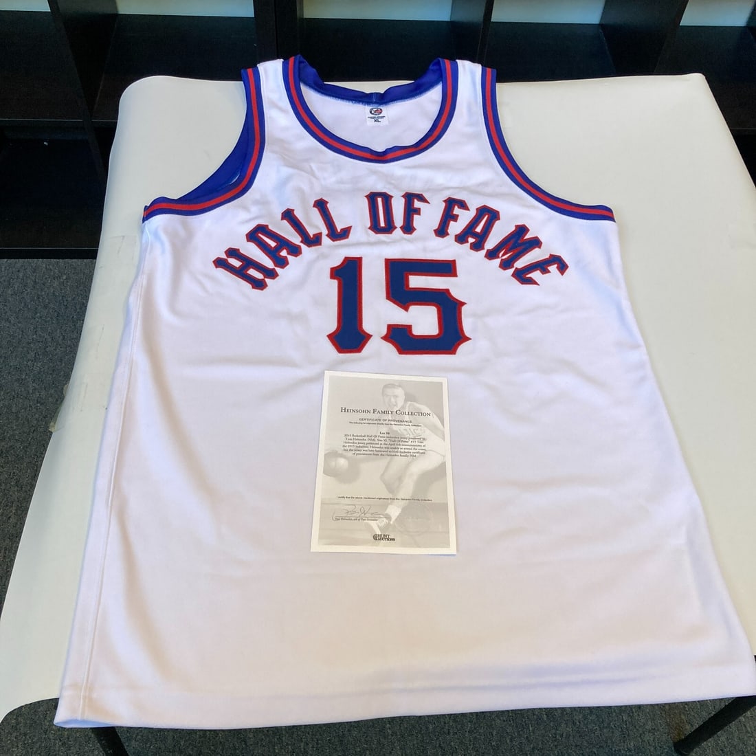 Tom Heinsohn 2015 Hall of Fame Induction Jersey with COA: Tom Heinsohn 2015 Hall of Fame Induction Jersey with COA Celebrate the legacy of basketball legend Tom Heinsohn with his personal 2015 Basketball Hall of Fame induction jersey. This original, size XL 
