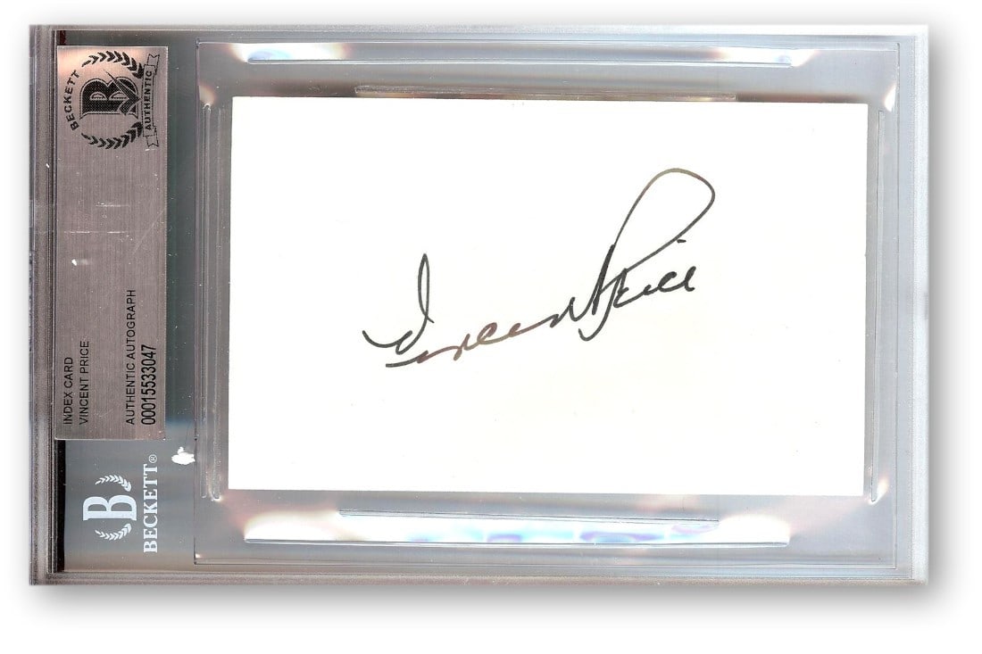 Vincent Price Hand Signed Index Card with Beckett Authentication Slab: Vincent Price Hand Signed Index Card with Beckett Authentication Slab This is an original index card autographed by the renowned Hollywood actor Vincent Price. The card is authenticated by Beckett Aut