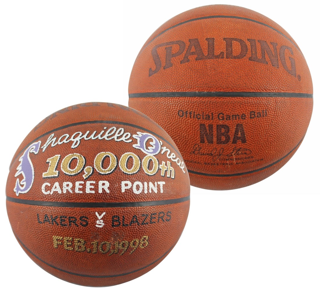 Game-Used Spalding NBA Ball From Shaquille O'Neal 10000th Point Milestone: Game-Used Spalding NBA Ball From Shaquille O'Neal 10000th Point Milestone This is a Spalding Official NBA Game Ball used on February 28, 1998, during the game in which Shaquille O'Neal scored his 10,0
