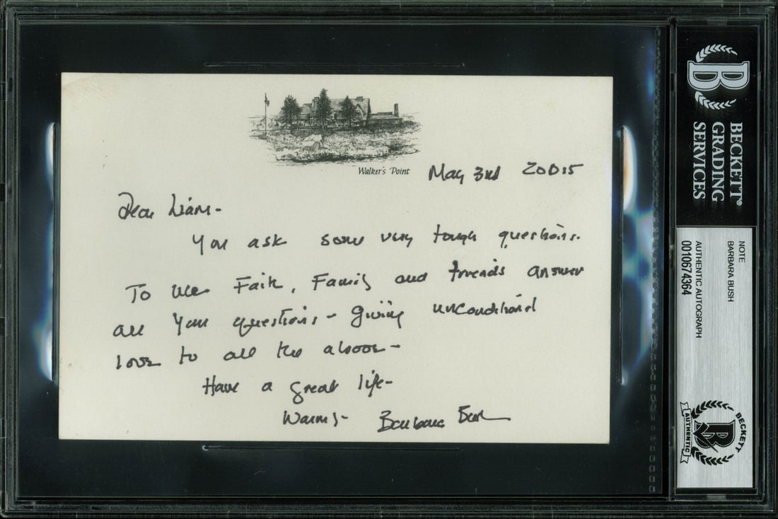 Barbara Bush Signed Note 4.25x6.5 BAS Authenticated May 3 2015: Barbara Bush Signed Note 4.25x6.5 BAS Authenticated May 3 2015 This authentic signed note measures 4.25x6.5 inches and is dated May 3rd, 2015. It features a heartfelt message from Barbara Bush, which 