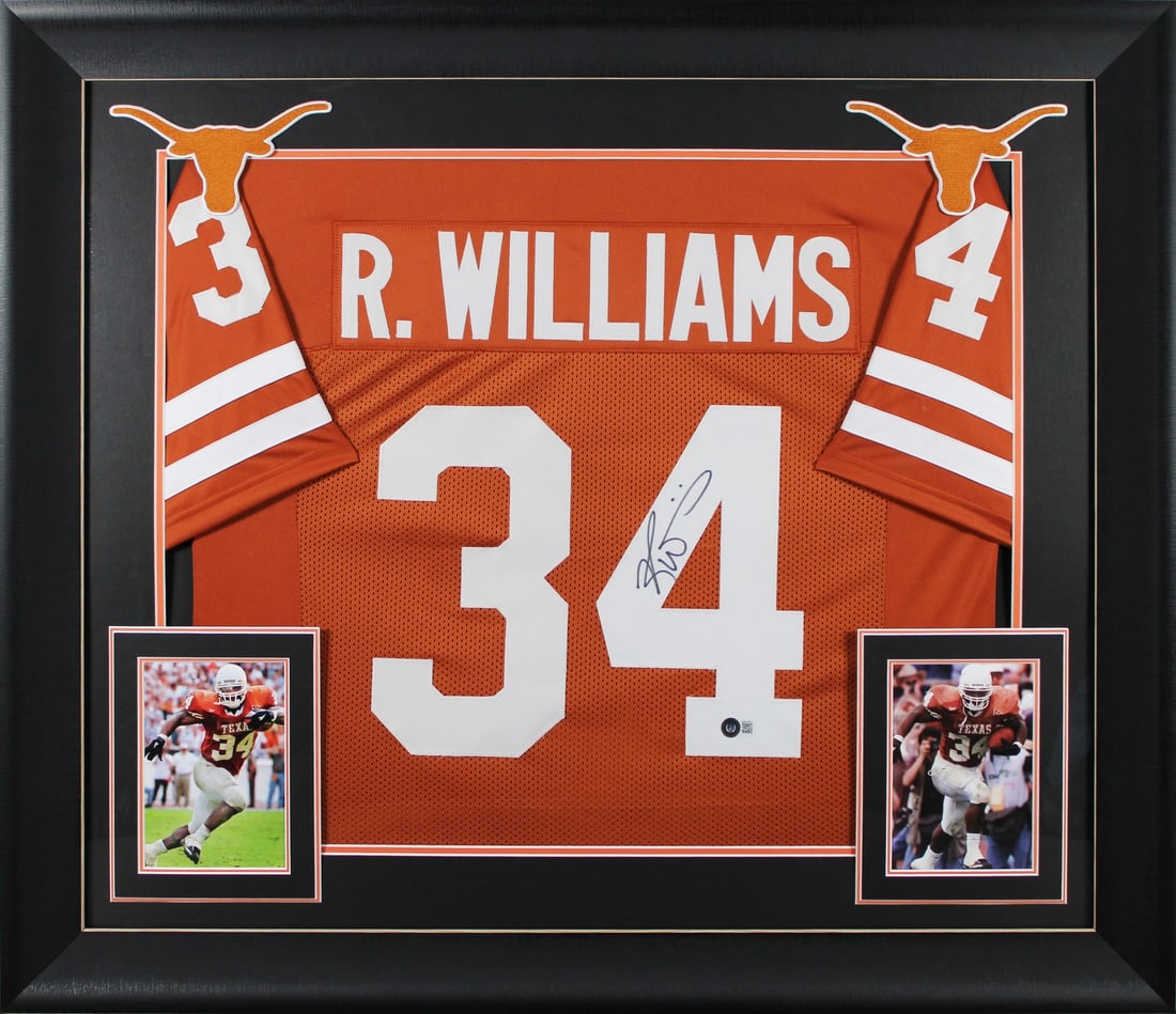 Ricky Williams Signed Texas Longhorns Framed Jersey with BAS Authentication: Ricky Williams Signed Texas Longhorns Framed Jersey with BAS Authentication This authentic signed burnt orange pro style framed jersey features the signature of Ricky Williams, a celebrated player of 