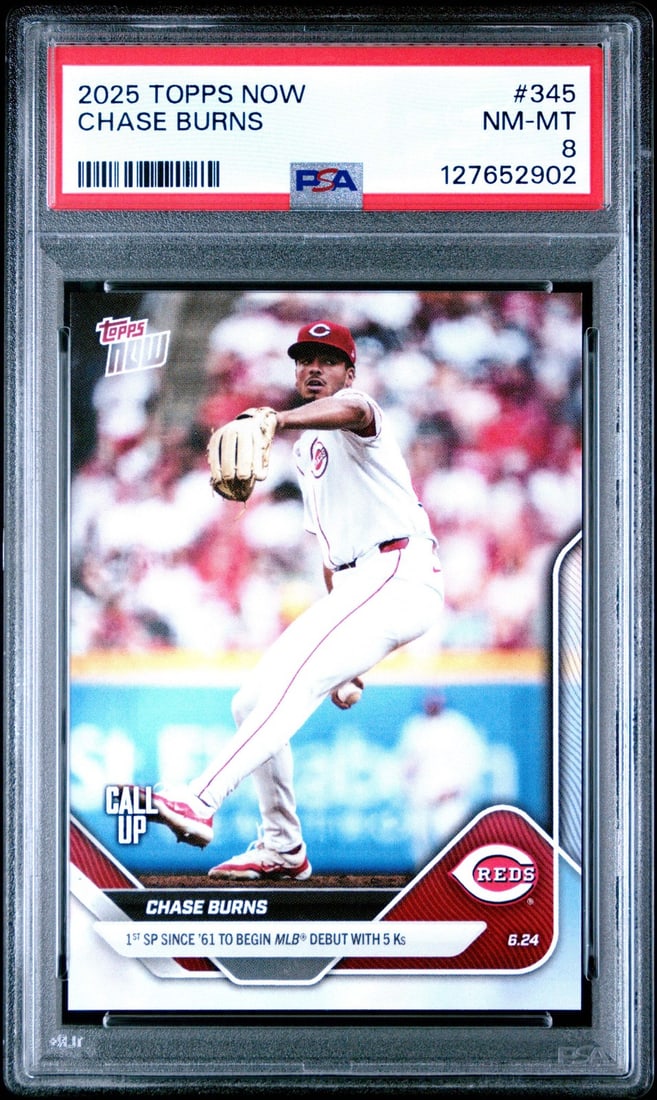 Graded 2025 Topps Now Chase Burns #345 Rookie Baseball Card PSA 8: Graded 2025 Topps Now Chase Burns #345 Rookie Baseball Card PSA 8 This is a graded 2025 Topps Now Chase Burns #345 Rookie RC Baseball Card, rated PSA 8 (Near Mint). The card features Chase Burns of th
