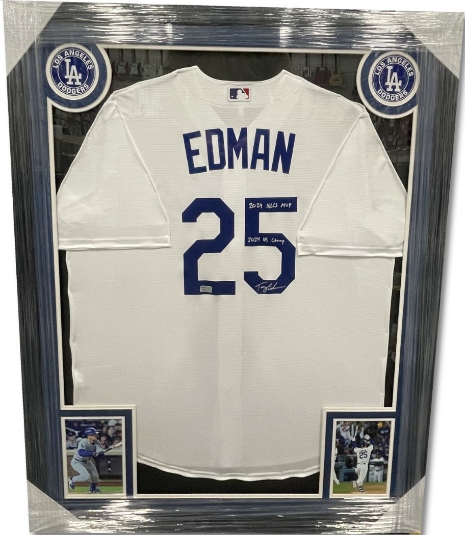 Tommy Edman Signed Dodgers Jersey Inscribed 2024 NLCS MVP Framed Beckett Authenticated: Tommy Edman Signed Dodgers Jersey Inscribed 2024 NLCS MVP Framed Beckett Authenticated Celebrate Tommy Edman's remarkable achievements with this hand-signed Los Angeles Dodgers jersey. Inscribed with 