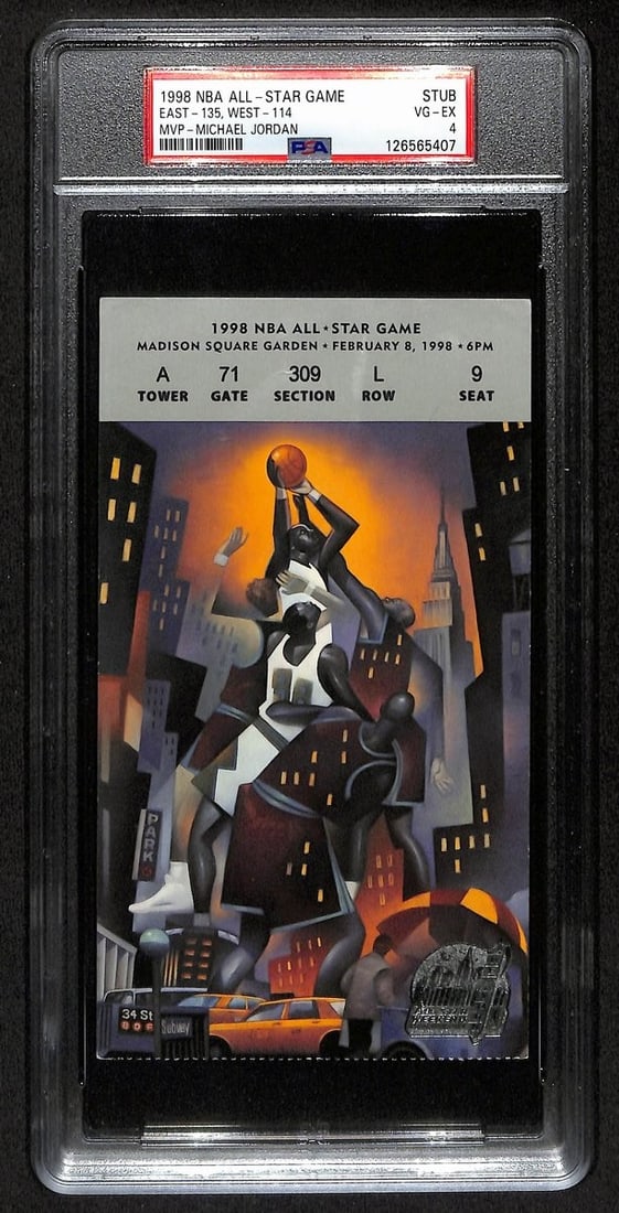 1998 NBA All-Star Game Ticket Stub Michael Jordan MVP PSA VG-EX 4: 1998 NBA All-Star Game Ticket Stub Michael Jordan MVP PSA VG-EX 4 Celebrate one of basketball's greatest moments with this original ticket stub from the February 8, 1998 NBA All-Star Game, where Micha