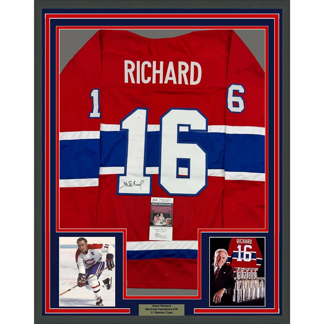 Framed Henri Richard Autographed Montreal Canadiens Jersey with JSA COA: Framed Henri Richard Autographed Montreal Canadiens Jersey with JSA COA Celebrate the legacy of hockey legend Henri Richard with this professionally framed and autographed Montreal Canadiens jersey. T