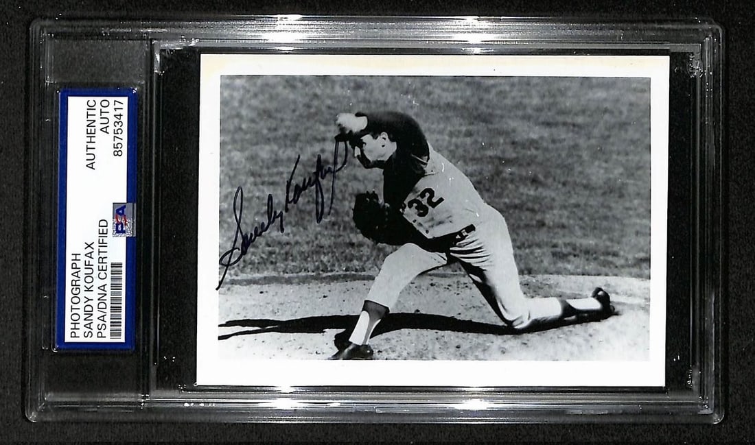 Sandy Koufax Autographed 3.5x5 Baseball Photo Postcard PSA DNA Certified: Sandy Koufax Autographed 3.5x5 Baseball Photo Postcard PSA DNA Certified This is an original 3.5x5 inch photo postcard signed by Sandy Koufax. The autographed item features Koufax, a Hall of Fame base