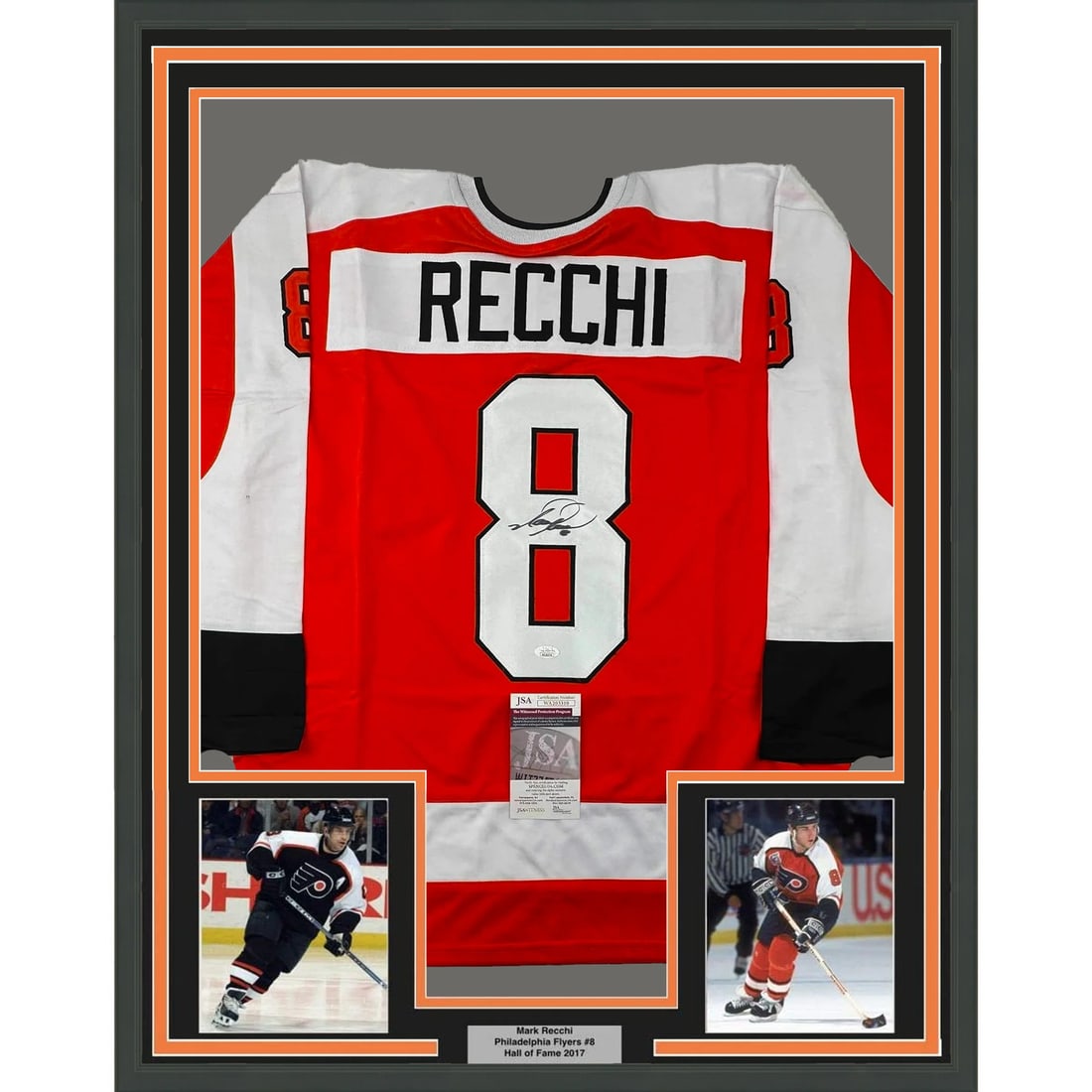 Framed Autographed Mark Recchi Philadelphia Flyers Jersey with JSA COA: Framed Autographed Mark Recchi Philadelphia Flyers Jersey with JSA COA This professionally framed and matted display features an autographed Mark Recchi Philadelphia Flyers jersey, measuring 33x42 inc