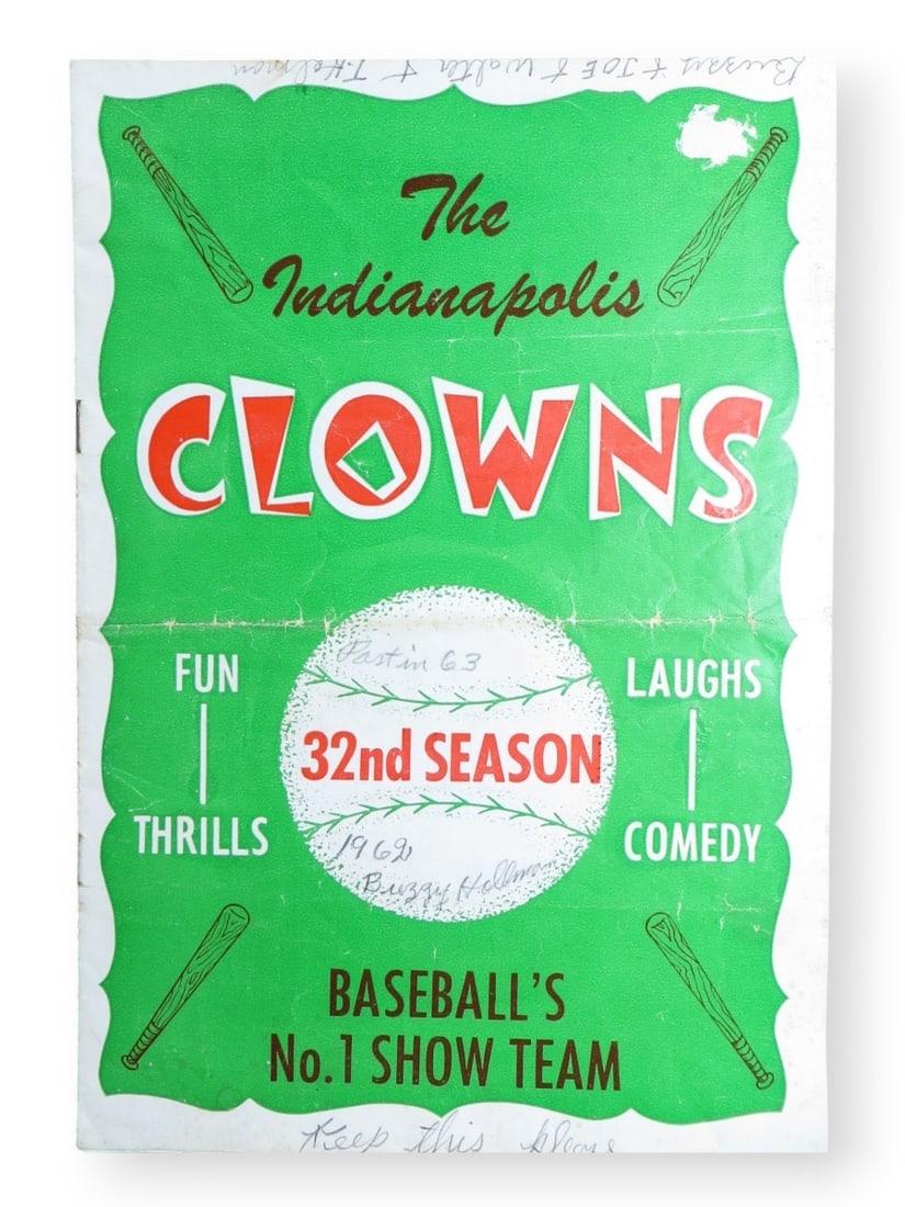 1962 Original Indianapolis Clowns Program Featuring Hank Aaron: 1962 Original Indianapolis Clowns Program Featuring Hank Aaron This 1962 Indianapolis Clowns program features the legendary Hank Aaron, showcasing its connection to the Atlanta Braves and Major League