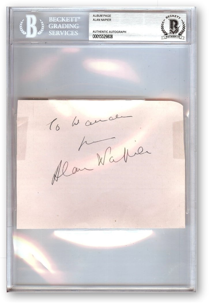 Beckett Authenticated Alan Napier Autograph Index Card Alfred Batman: Beckett Authenticated Alan Napier Autograph Index Card Alfred Batman This is an original index card autographed by Alan Napier, best known for his role as Alfred Pennyworth in Batman. The signature ha