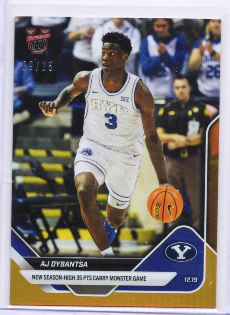 AJ Dybantsa Orange Foil Rookie Card 2025 Bowman U Now BYU Cougars #35 /25: AJ Dybantsa Orange Foil Rookie Card 2025 Bowman U Now BYU Cougars #35 /25 This 2025 Topps Bowman U Now AJ Dybantsa #35 Orange Foil /25 card features AJ Dybantsa of the BYU Cougars. The card is an orig