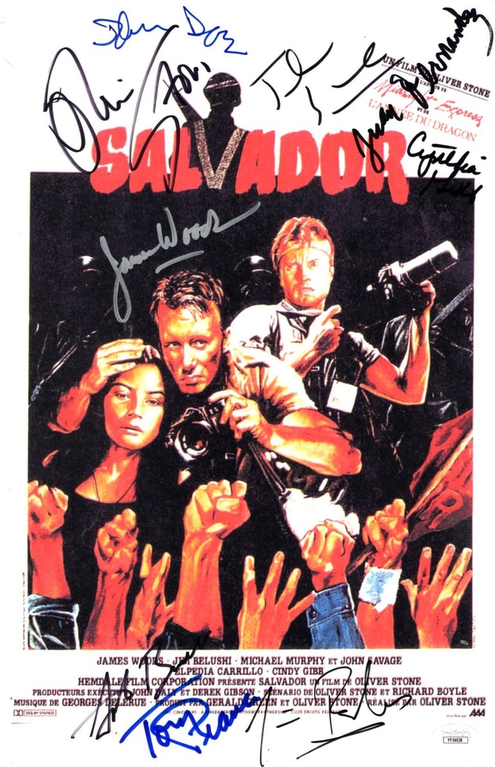Salvador Cast Autographed 11X17 Photo 9 Signatures JSA Authenticated: Salvador Cast Autographed 11X17 Photo 9 Signatures JSA Authenticated This remarkable 11X17 photograph features an impressive collection of autographs from notable figures including James Woods, Oliver