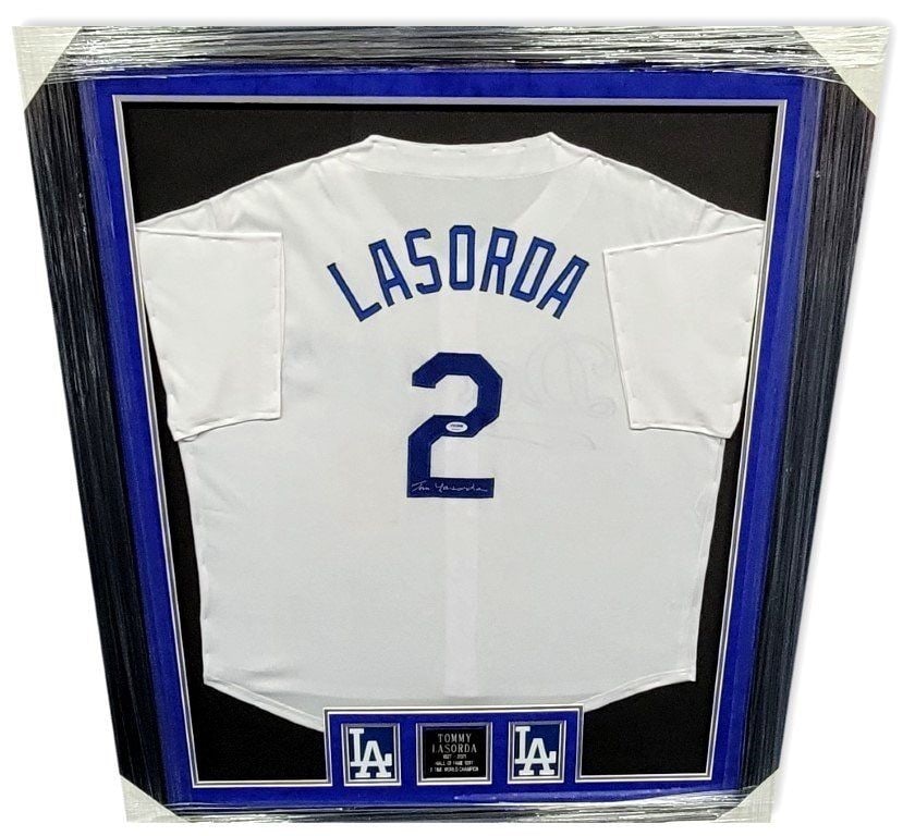 Tom Lasorda Autographed Framed Jersey Los Angeles Dodgers PSA Certified: Tom Lasorda Autographed Framed Jersey Los Angeles Dodgers PSA Certified This is an original autographed framed jersey of Tom Lasorda, a legendary figure in baseball and former manager of the Los Angel