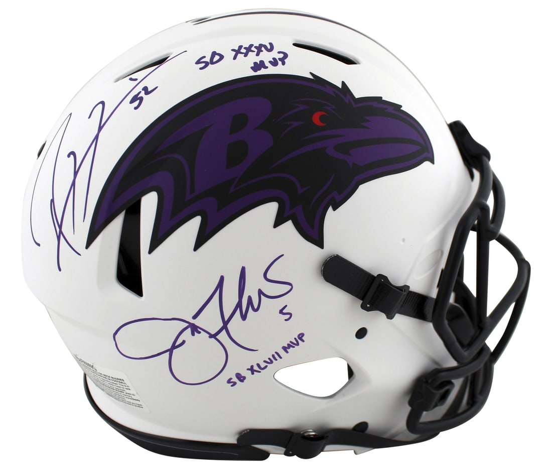 Ray Lewis Joe Flacco Signed Lunar Helmet SB MVP Beckett Authenticated: Ray Lewis Joe Flacco Signed Lunar Helmet SB MVP Beckett Authenticated This authentic alternate Lunar Riddell Full Size Speed Proline Helmet features signatures from two legendary Baltimore Ravens play